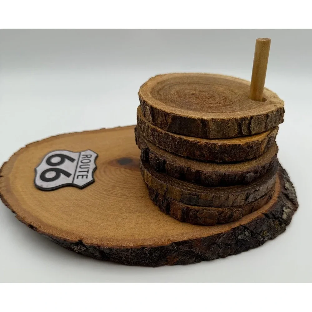 Route 66 Live Edge Wood Coaster Set with Holder‎ Rustic Americana Decor 5 Piece
